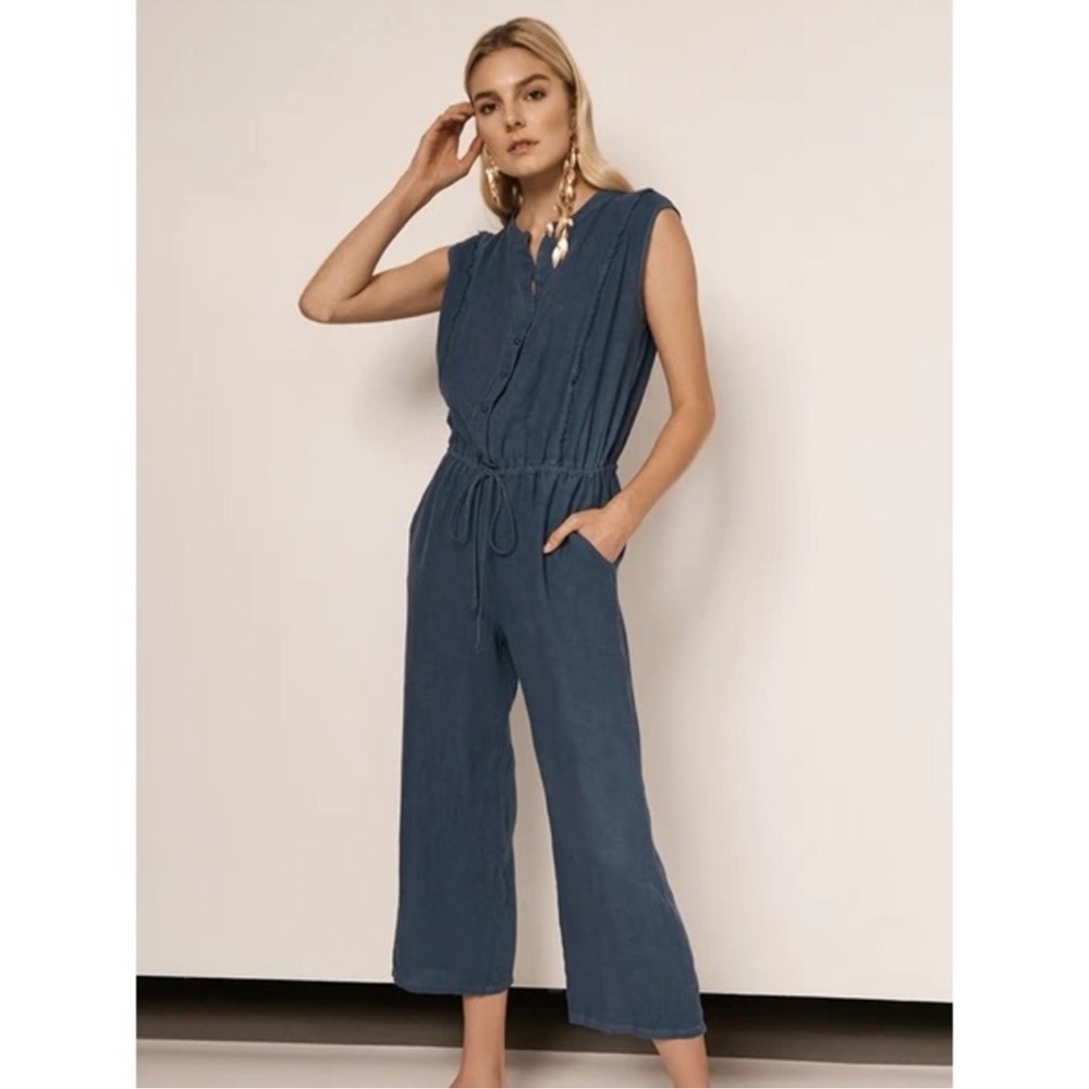 Krisa Button Front Cropped Jumpsuit Stream Blue L